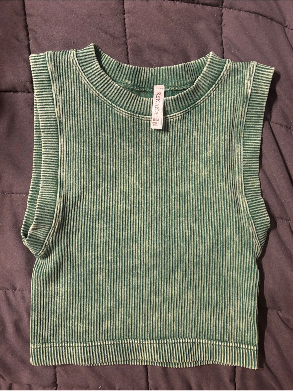 Zenana Outfitters Acid-Washed Green Ribbed Cropped Tank